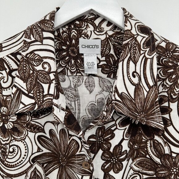 Chicos Size 3 US‎ XL 16 18 Top Shirt Shacket 100% Linen Brown Floral 3/4 Sleeve - Picture 4 of 12
